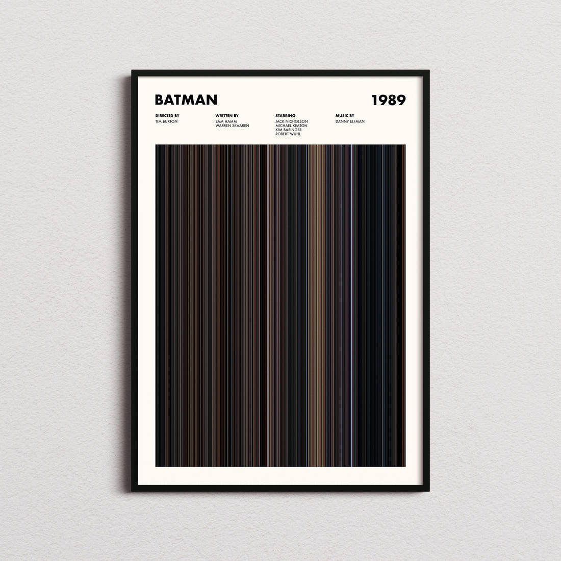Batman Movie Barcode Poster framed on a plain studio wall