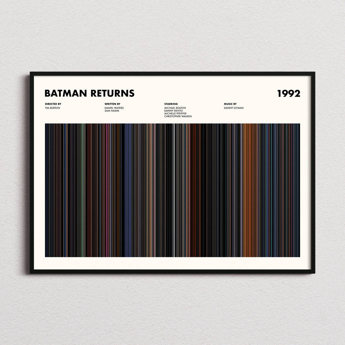 Batman Returns Movie Barcode Poster framed and photographed straight on