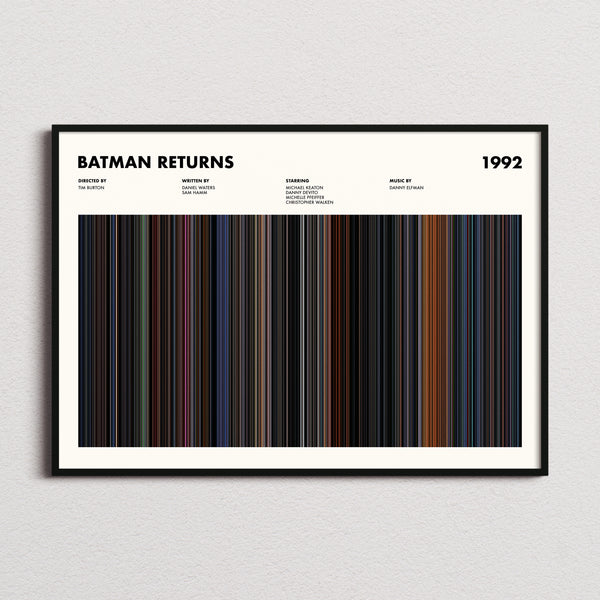 Batman Returns Movie Barcode Poster framed and photographed straight on
