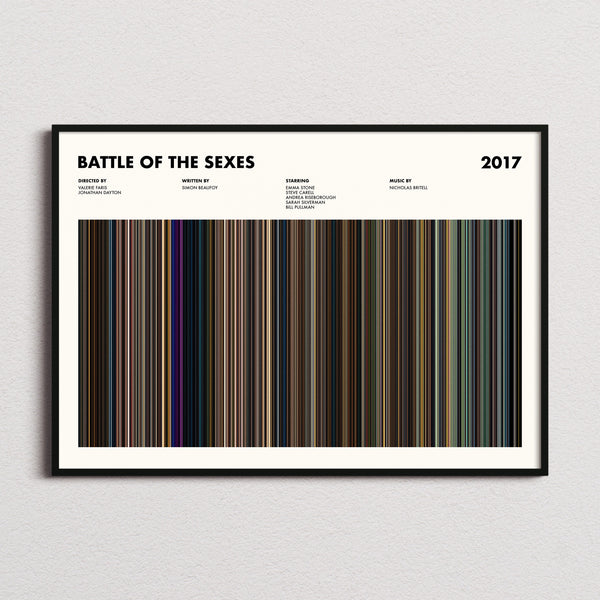 Battle of the Sexes Movie Barcode Poster framed and photographed straight on