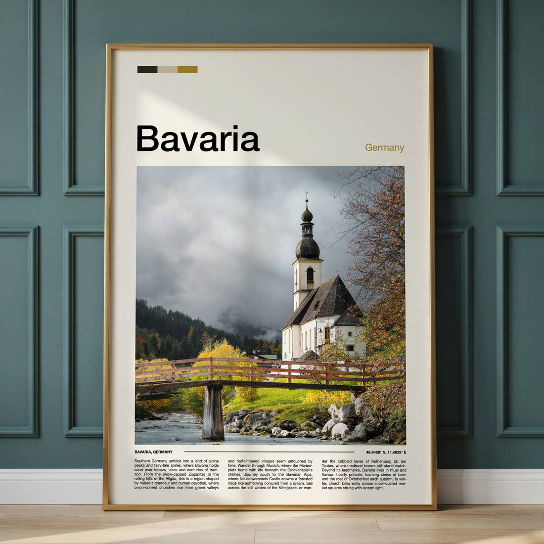 Bavaria Onion-Domed Church Travel Print framed on the wall of a calm, neutral bedroom