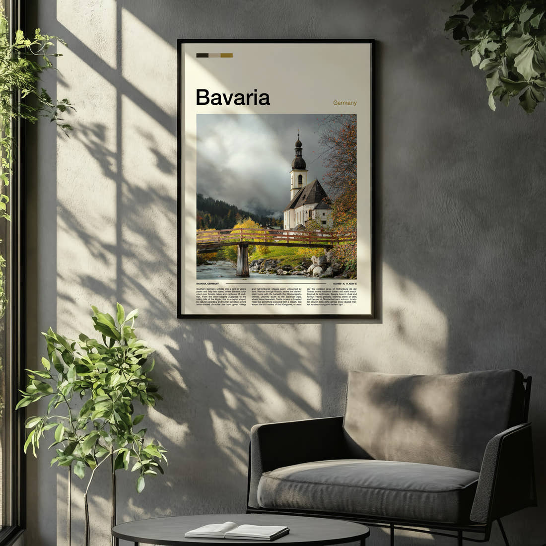 Bavaria Onion-Domed Church Travel Print framed on the wall of a relaxed living room