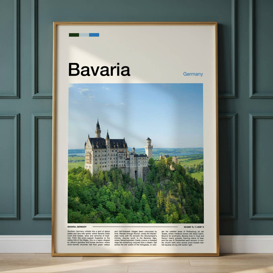 Bavaria Turreted Castle On Cliff Travel Print framed on the wall of a calm, neutral bedroom