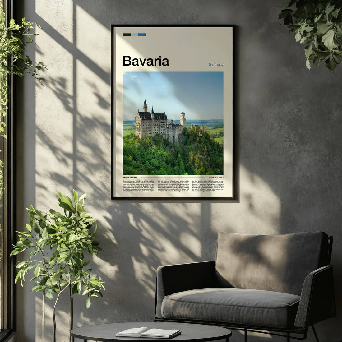Bavaria Turreted Castle On Cliff Travel Print framed on the wall of a relaxed living room