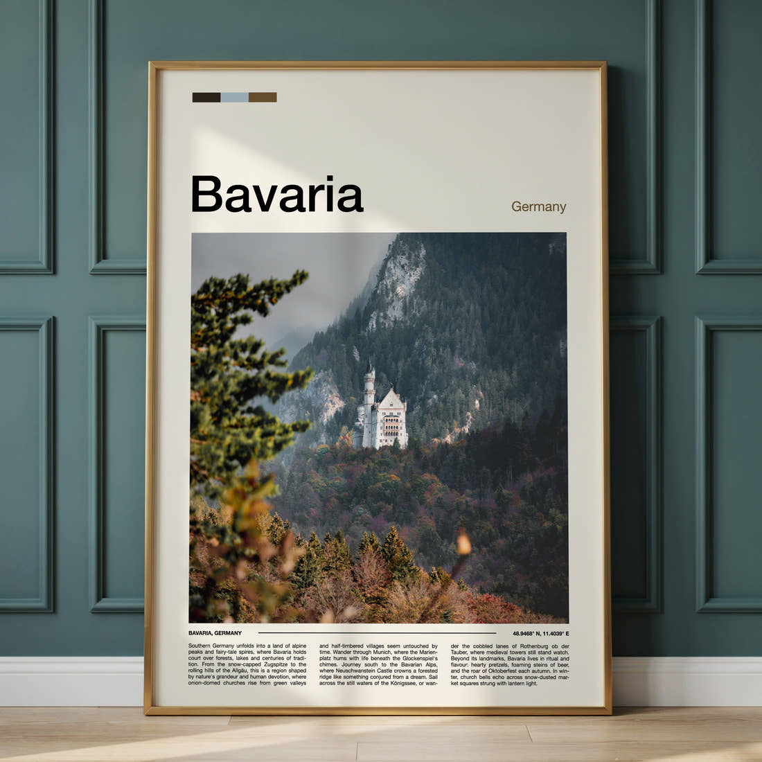 Bavaria Fairy-Tale Castle Valley Travel Print framed on the wall of a calm, neutral bedroom