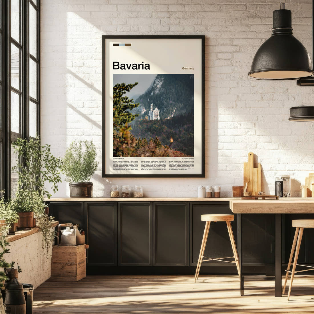 Bavaria Fairy-Tale Castle Valley Travel Print framed on the wall of a bright kitchen and dining space