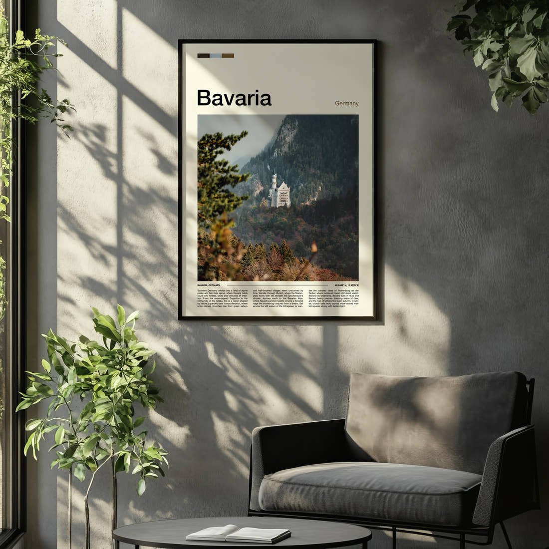 Bavaria Fairy-Tale Castle Valley Travel Print framed on the wall of a relaxed living room