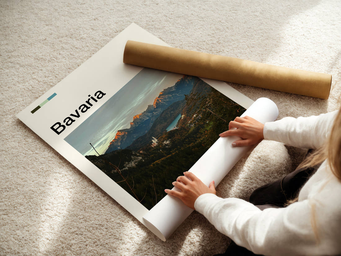 Bavaria Alpine Valley Vista Travel Print being unrolled from its postal tube