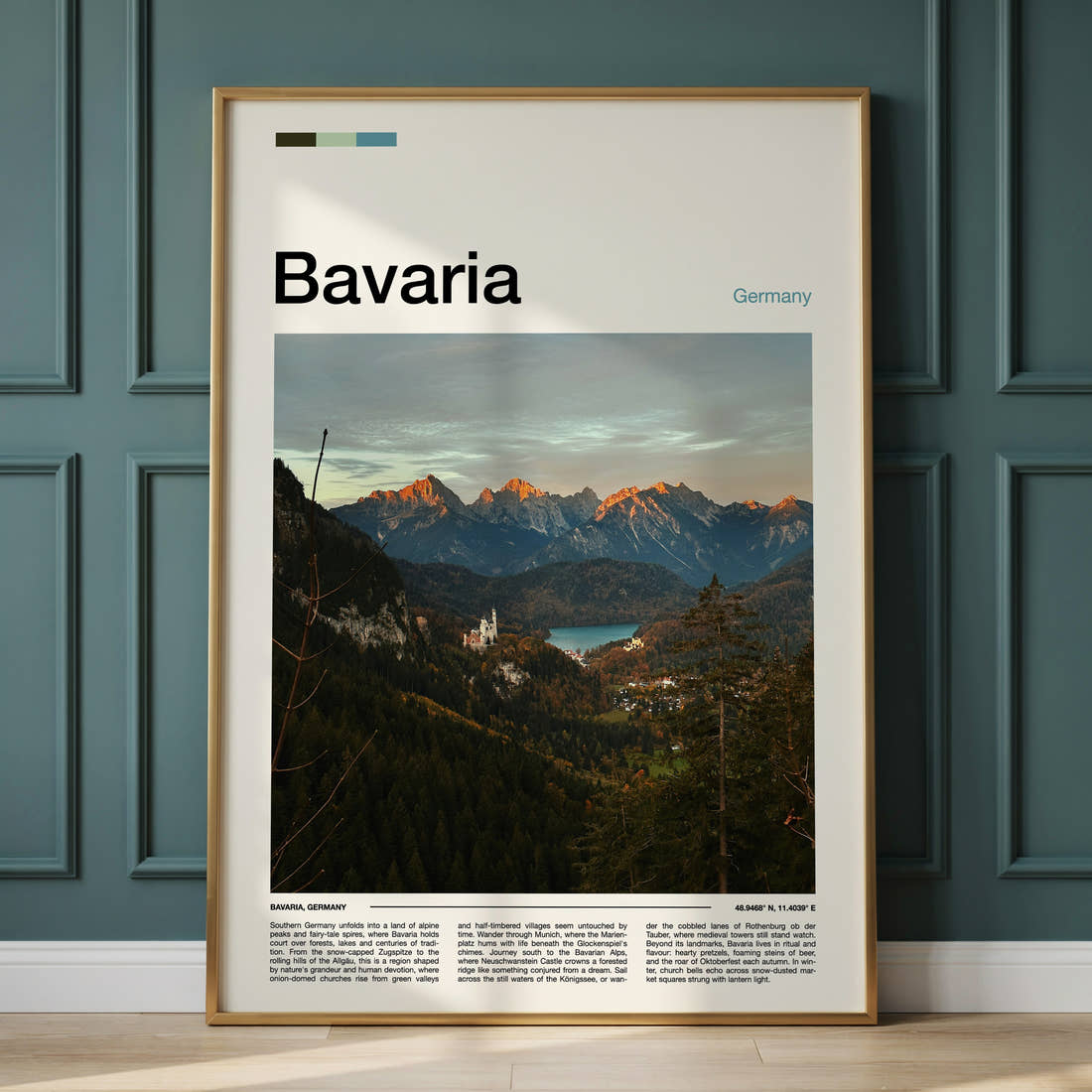 Bavaria Alpine Valley Vista Travel Print framed on the wall of a calm, neutral bedroom