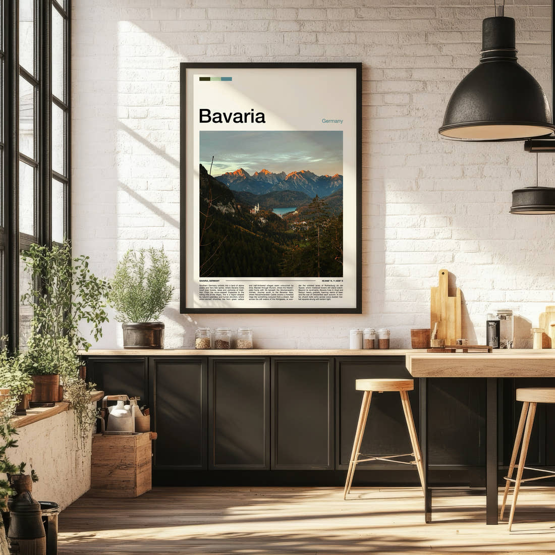 Bavaria Alpine Valley Vista Travel Print framed on the wall of a bright kitchen and dining space