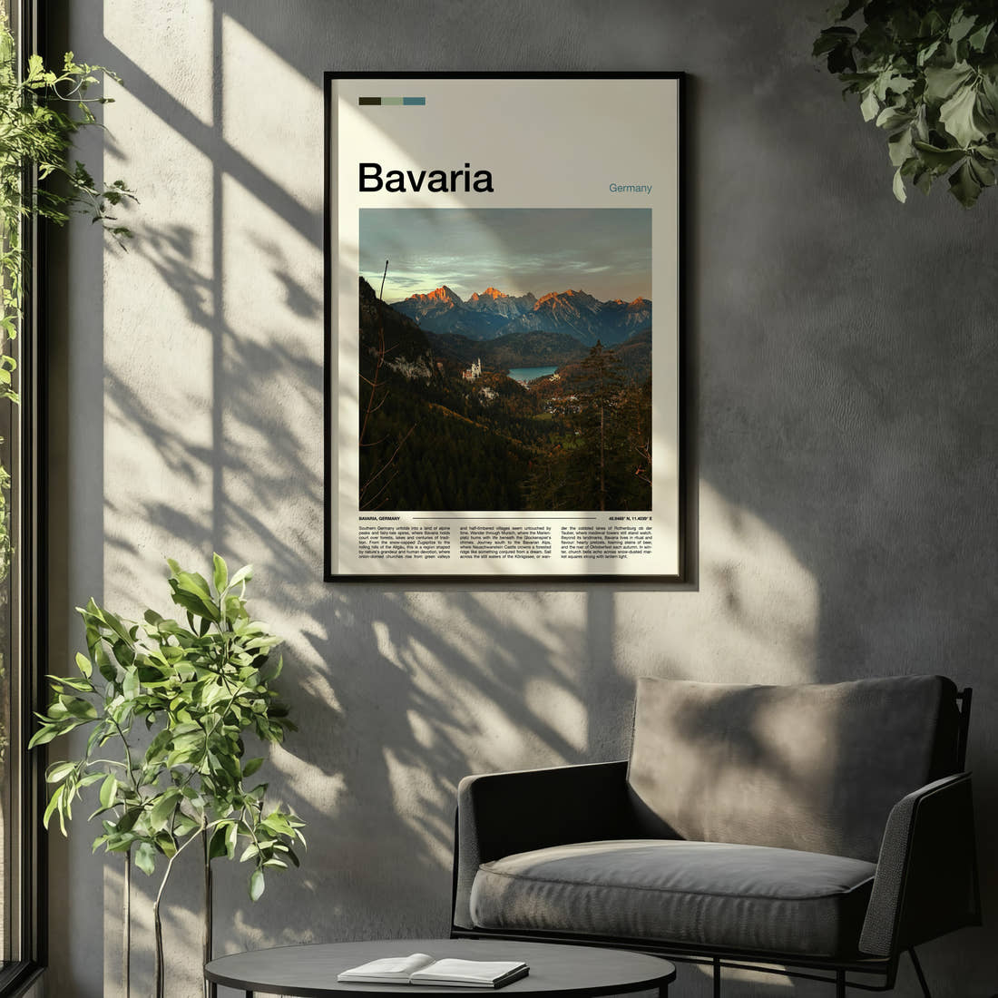 Bavaria Alpine Valley Vista Travel Print framed on the wall of a relaxed living room