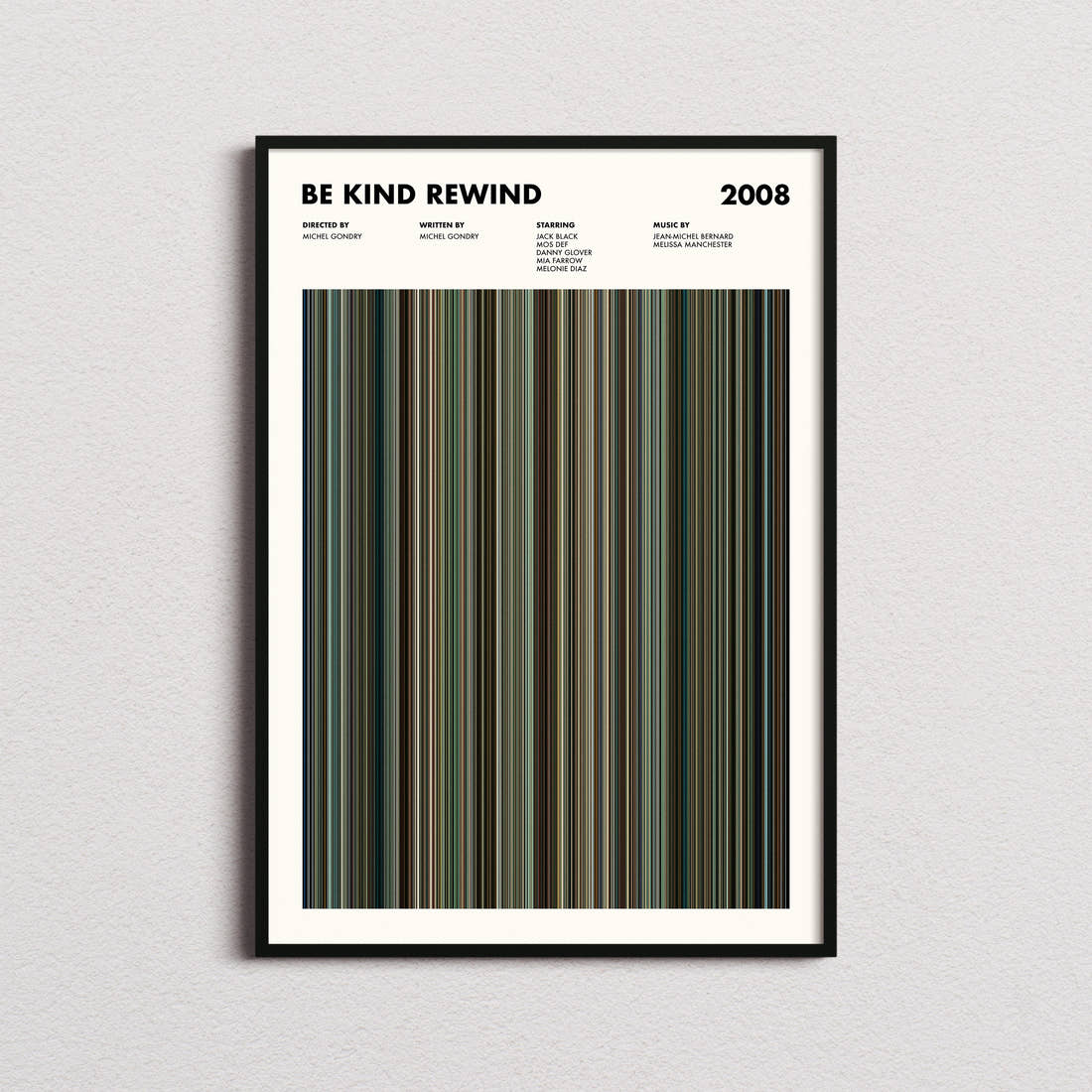 Be Kind Rewind Movie Barcode Poster framed on a plain studio wall