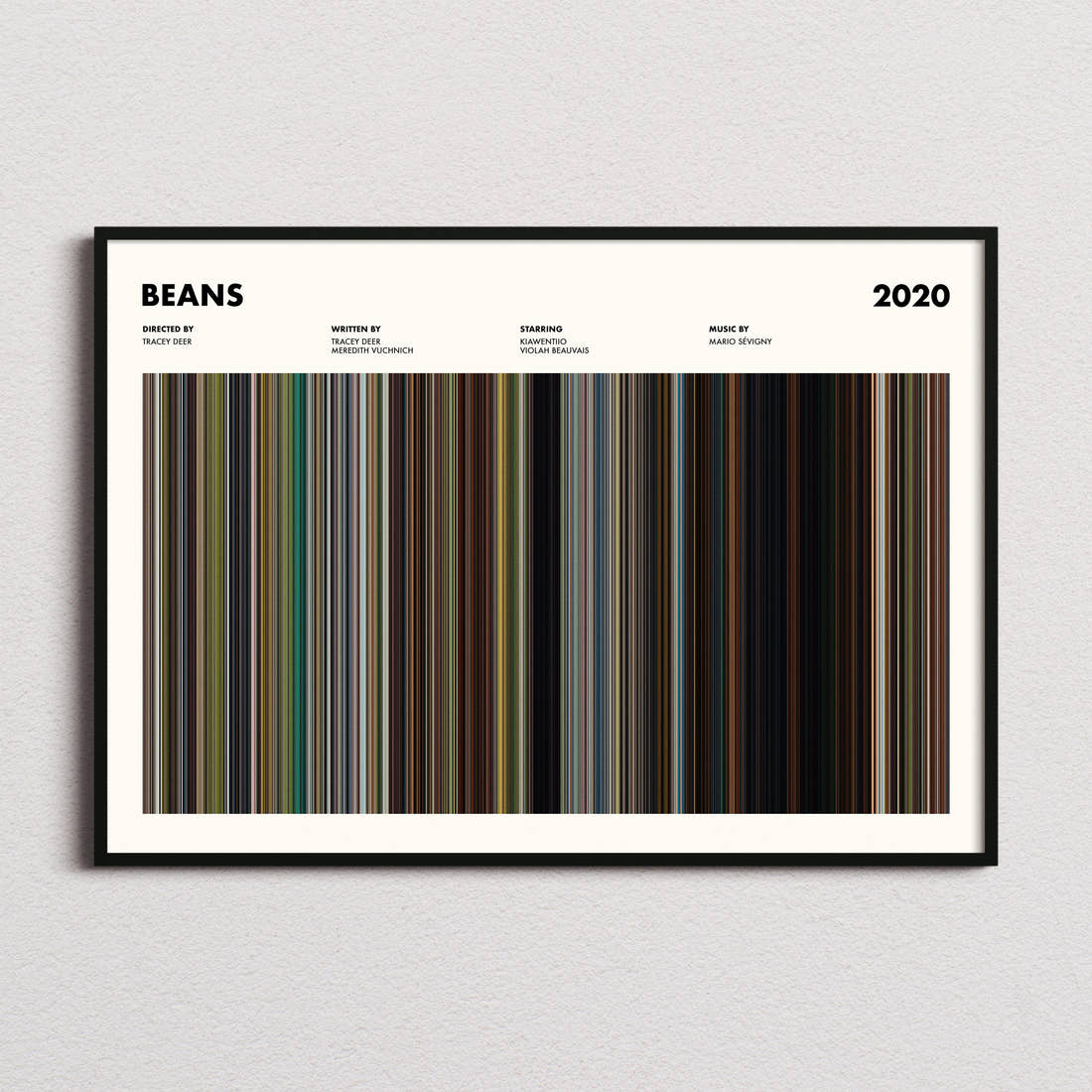 Beans Movie Barcode Poster framed and photographed straight on