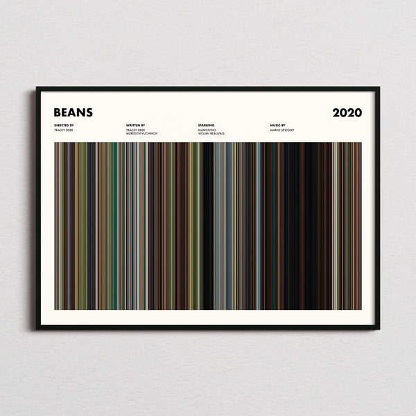 Beans Movie Barcode Poster framed and photographed straight on