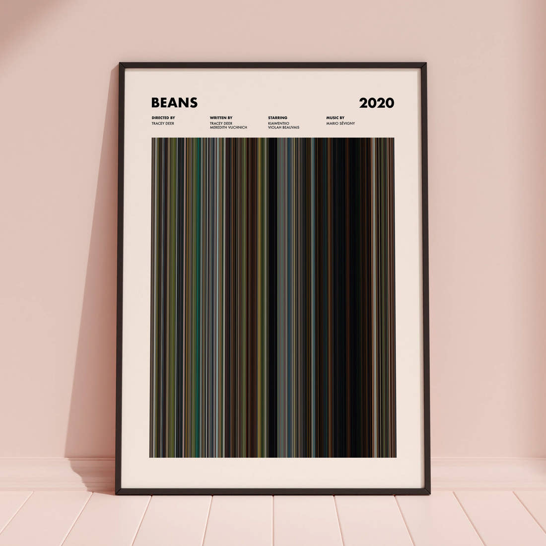 Beans Movie Barcode Poster framed and leaning against a coloured wall