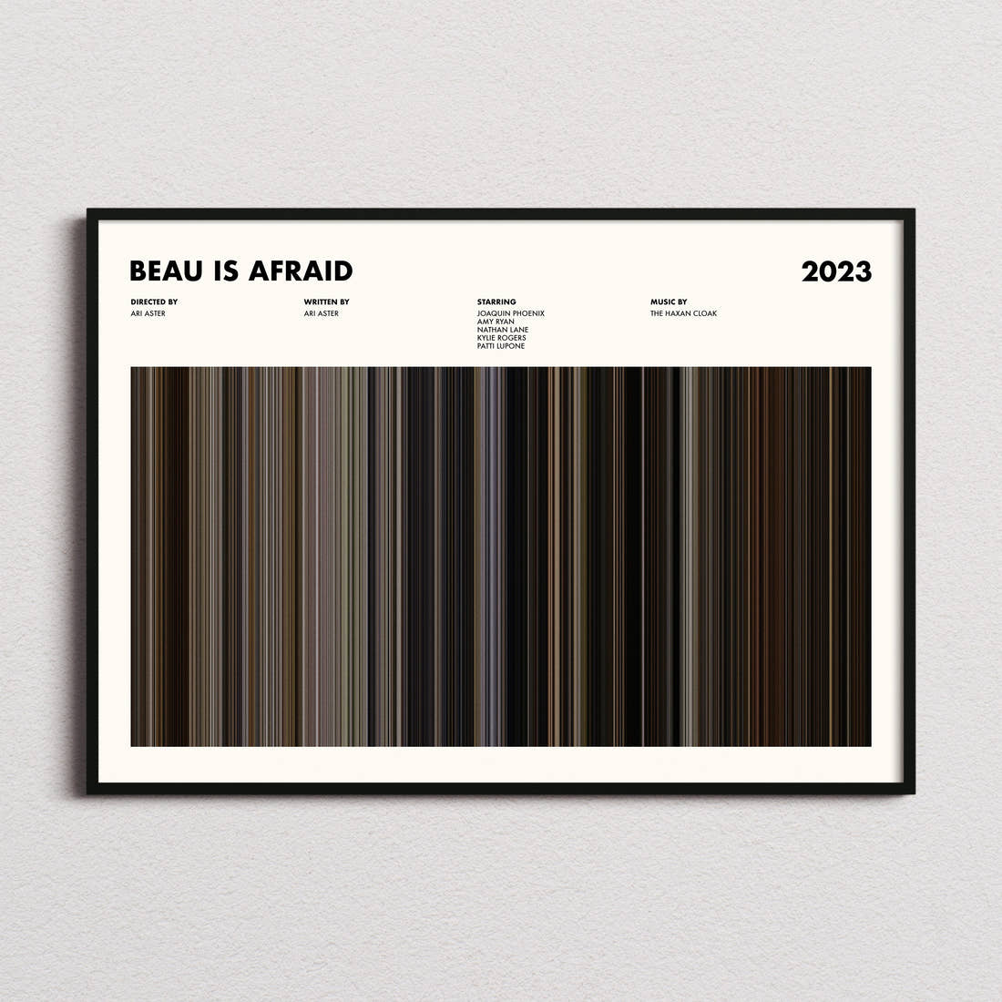 Beau Is Afraid Movie Barcode Poster framed and photographed straight on