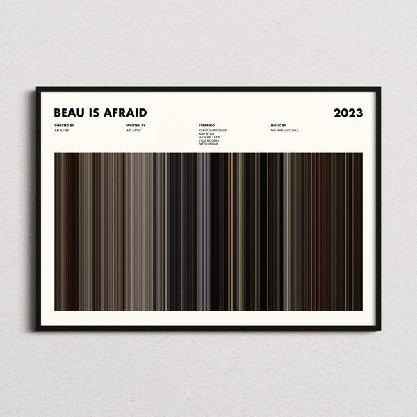 Beau Is Afraid Movie Barcode Poster framed and photographed straight on