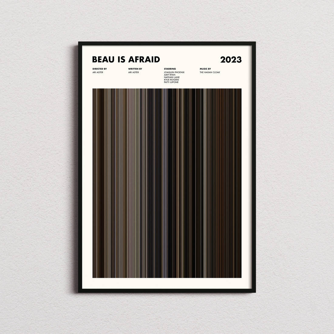 Beau Is Afraid Movie Barcode Poster framed on a plain studio wall