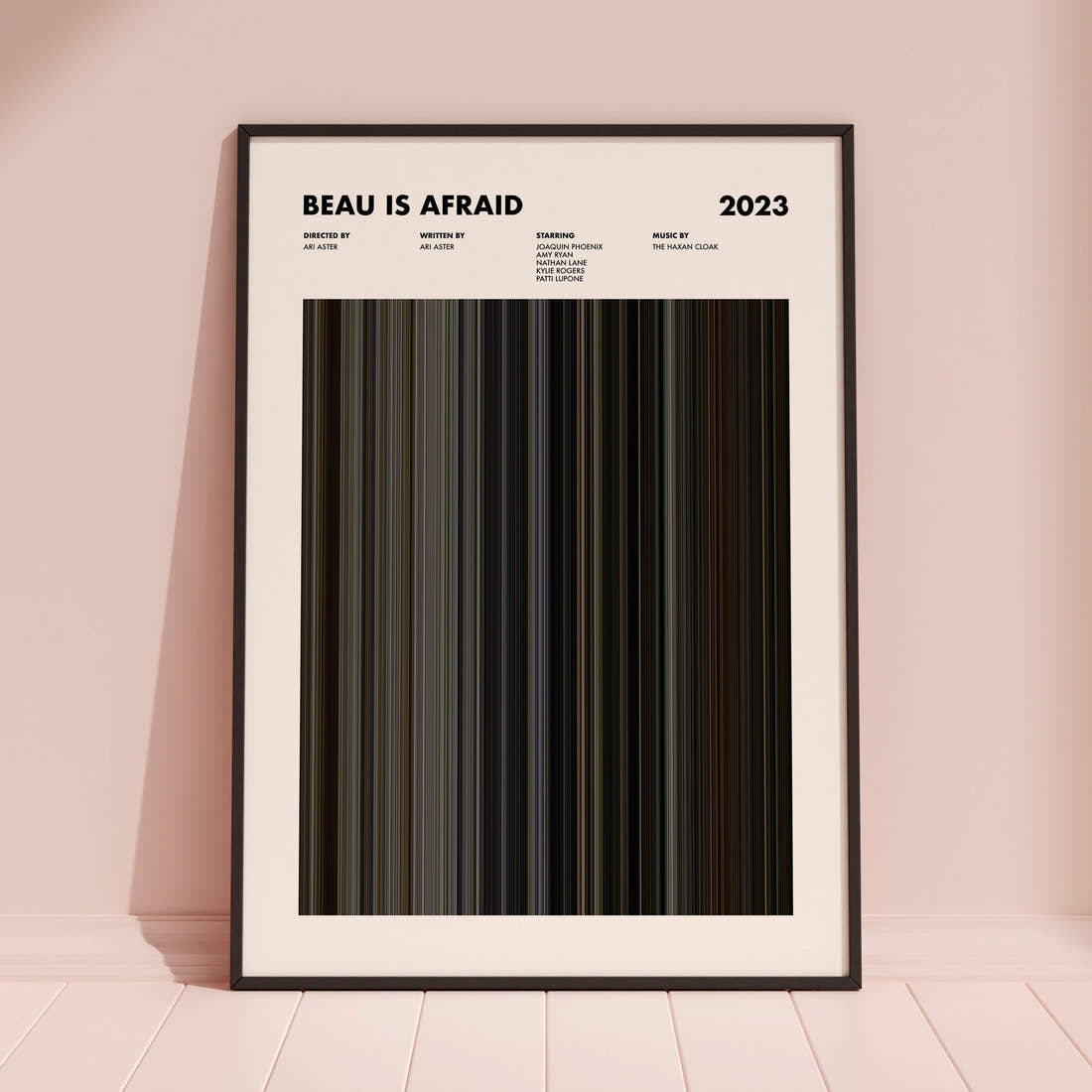 Beau Is Afraid Movie Barcode Poster framed and leaning against a coloured wall