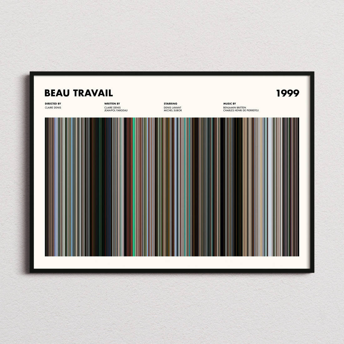 Beau Travail Movie Barcode Poster framed and photographed straight on