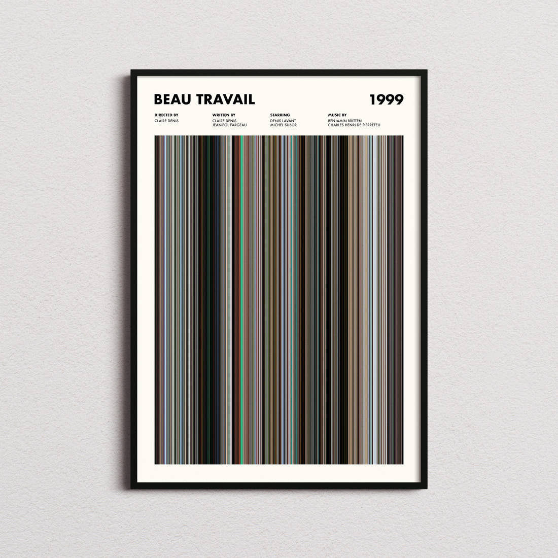 Beau Travail Movie Barcode Poster framed on a plain studio wall