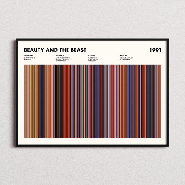 Beauty and the Beast Movie Barcode Poster framed and photographed straight on