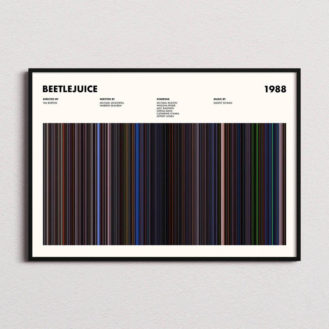 Beetlejuice Movie Barcode Poster framed and photographed straight on