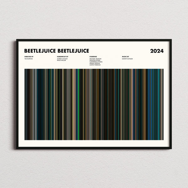 Beetlejuice Beetlejuice Movie Barcode Poster framed and photographed straight on