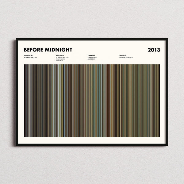 Before Midnight Movie Barcode Poster framed and photographed straight on
