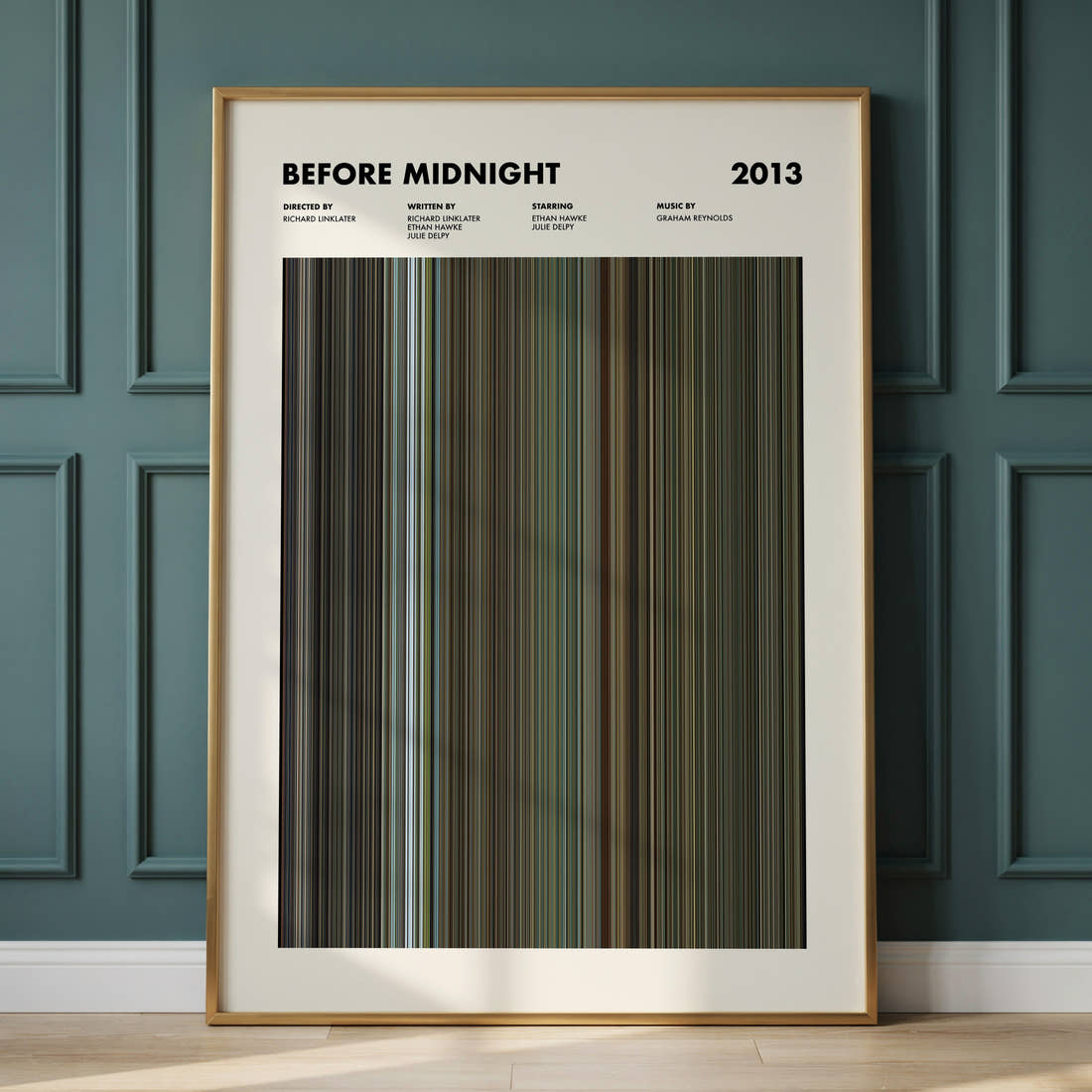 Before Midnight Movie Barcode Poster framed and leaning against a panelled wall