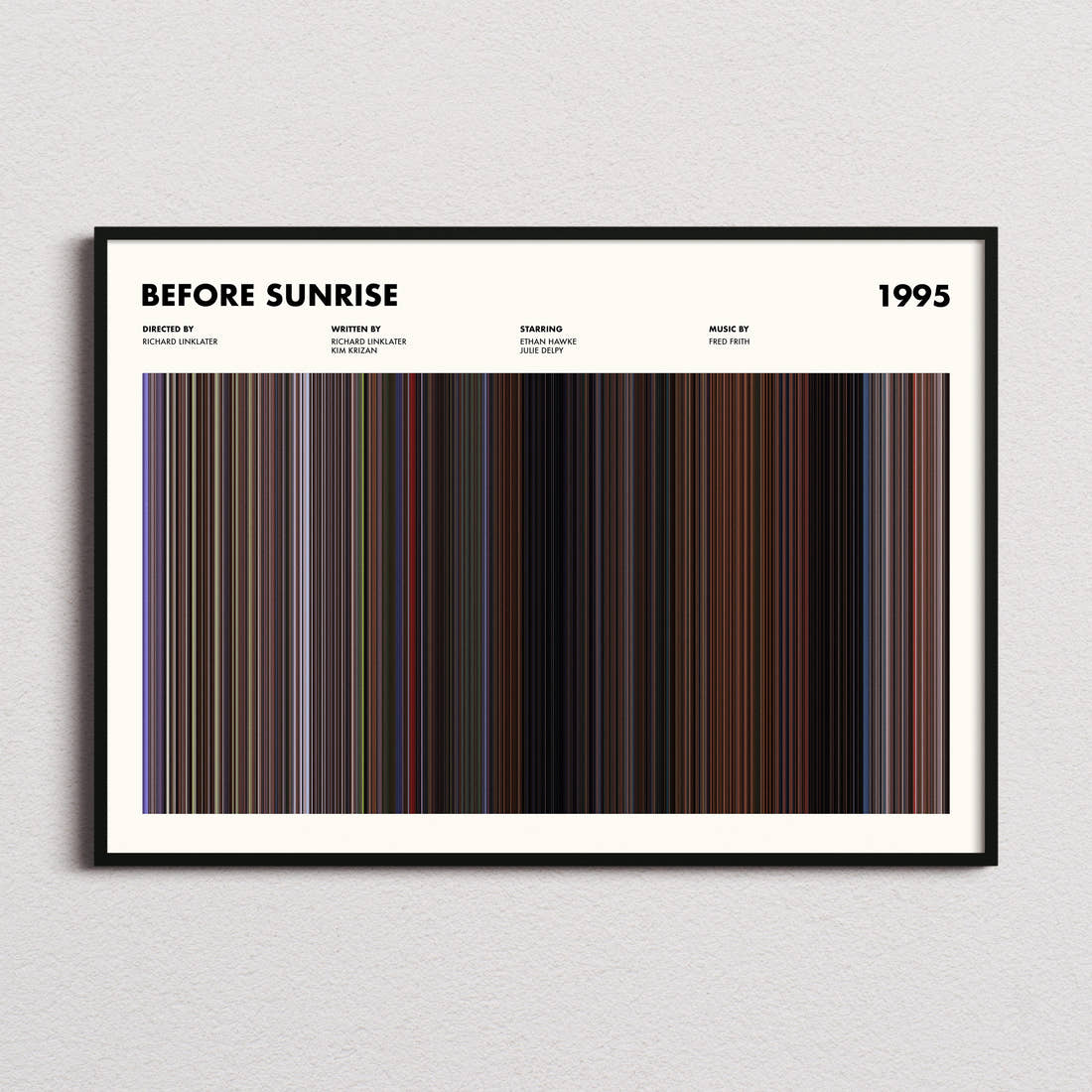 Before Sunrise Movie Barcode Poster framed and photographed straight on