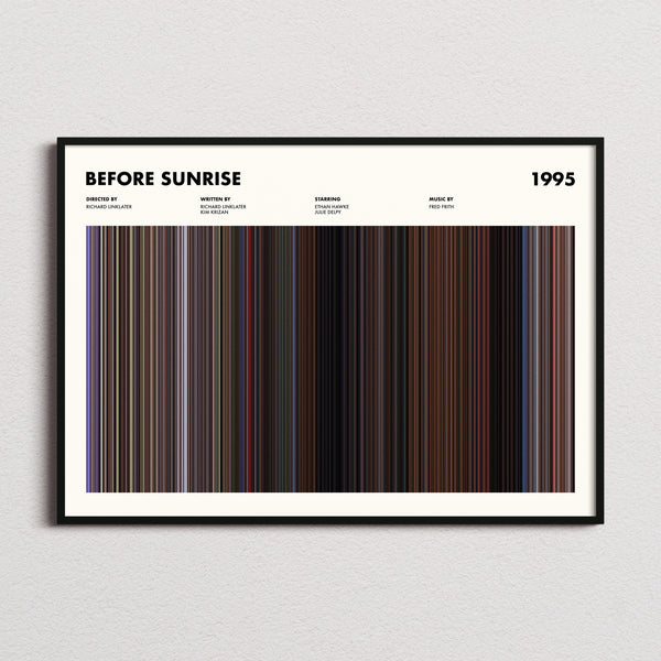 Before Sunrise Movie Barcode Poster framed and photographed straight on