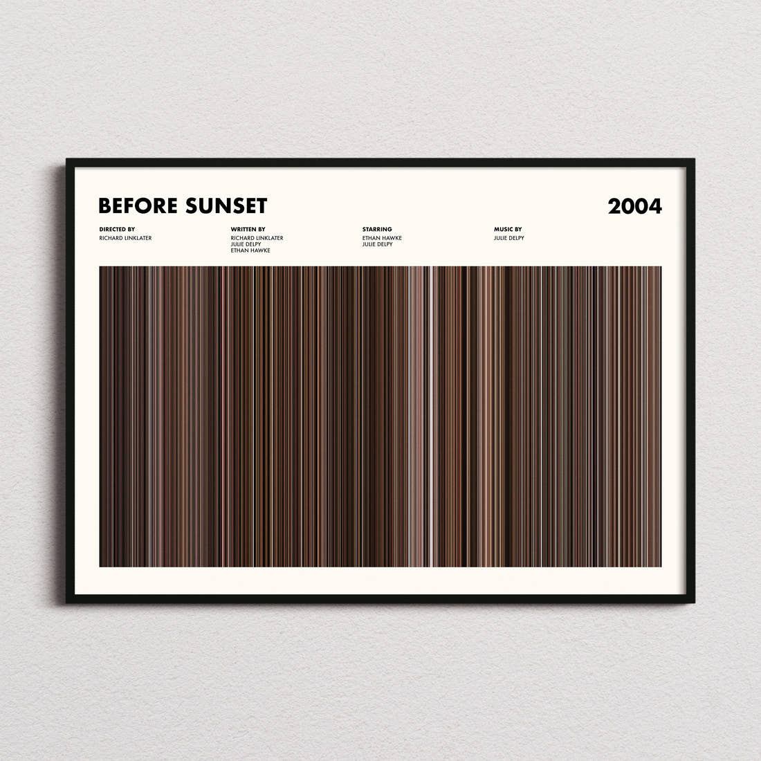 Before Sunset Movie Barcode Poster framed and photographed straight on