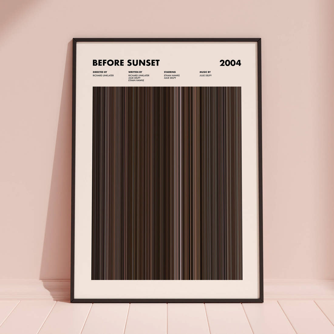 Before Sunset Movie Barcode Poster framed and leaning against a coloured wall