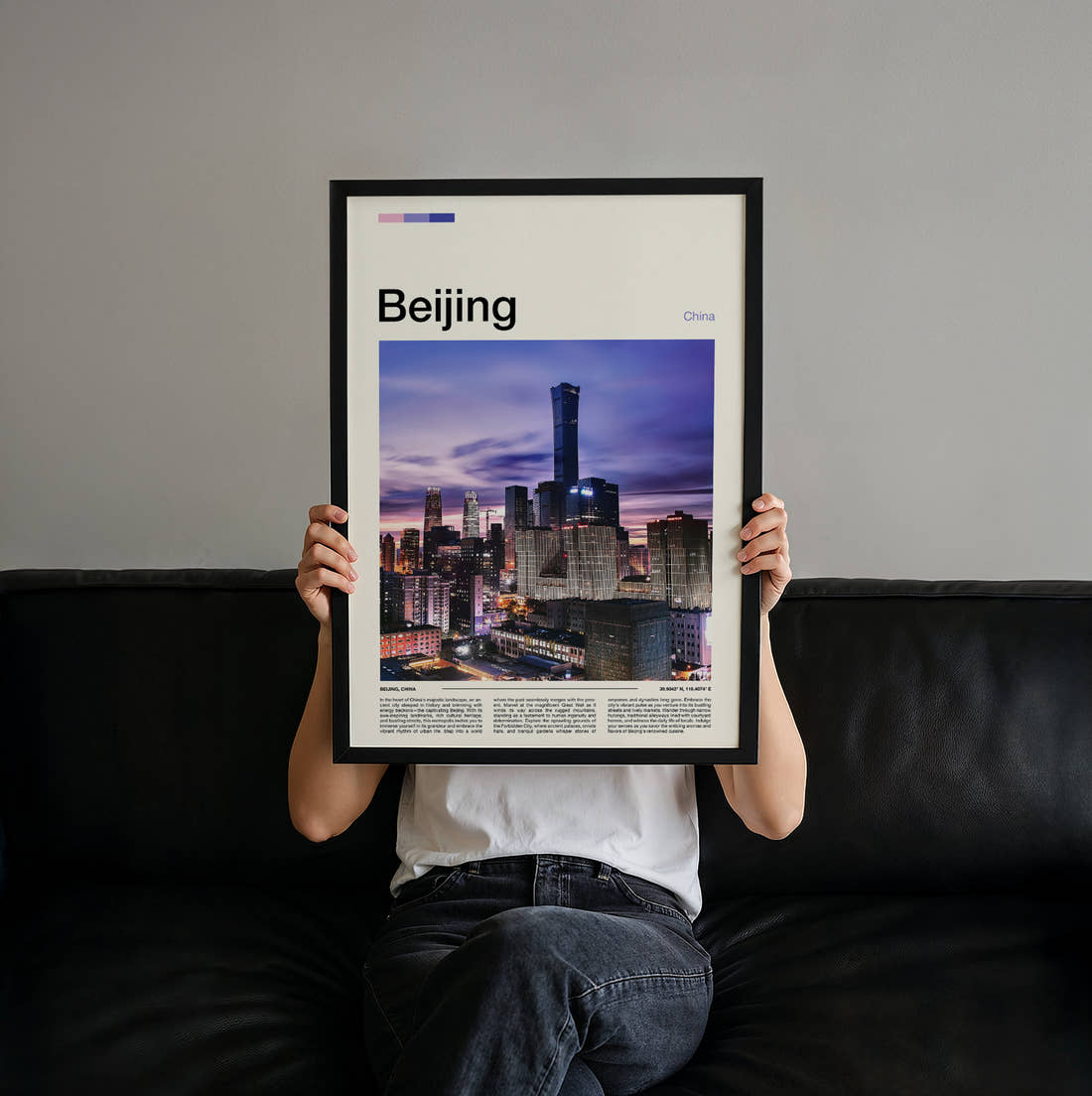 Beijing Night Skyline Travel Print held up by hand to show the size of the print