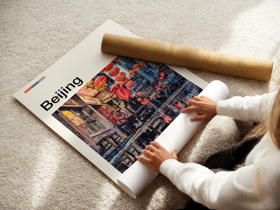 Beijing Red Lanterns Travel Print being unrolled from its postal tube