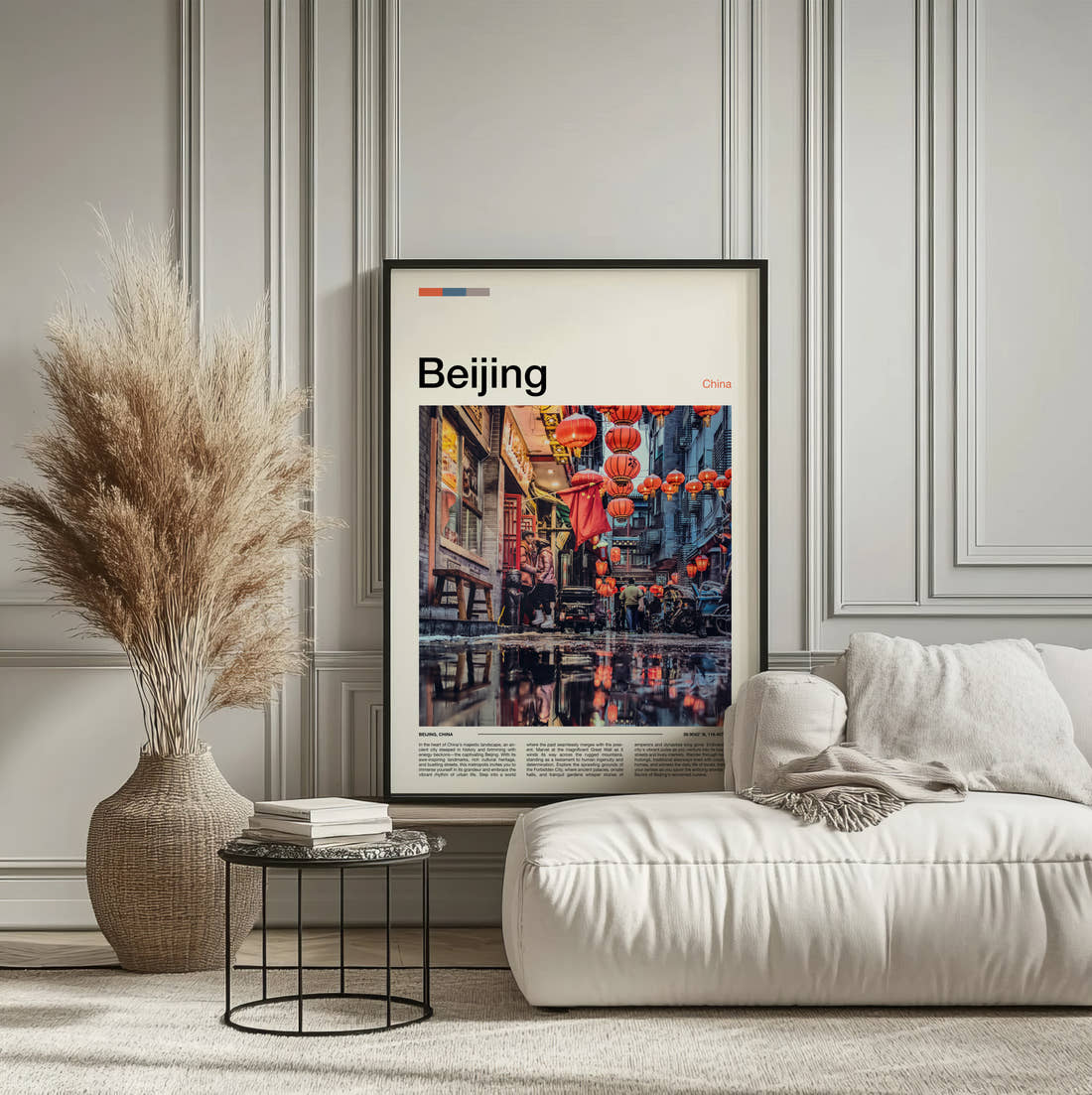 Beijing Red Lanterns Travel Print framed on the wall of a calm, neutral bedroom