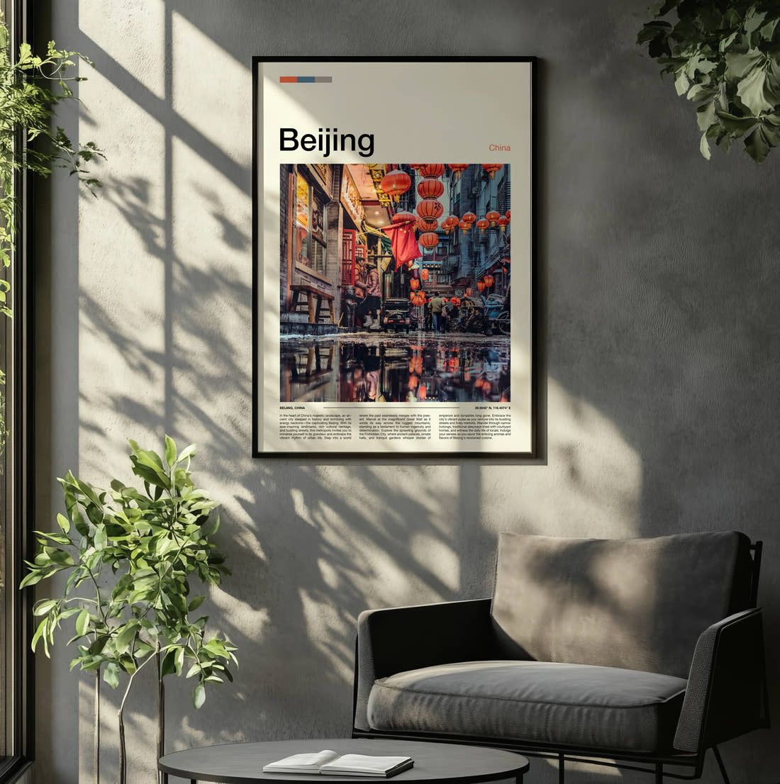 Beijing Red Lanterns Travel Print framed on the wall of a relaxed living room
