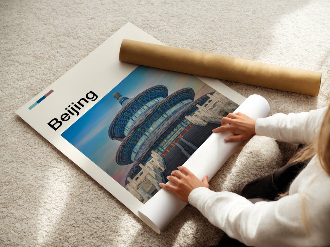 Beijing Temple Of Heaven Travel Print being unrolled from its postal tube