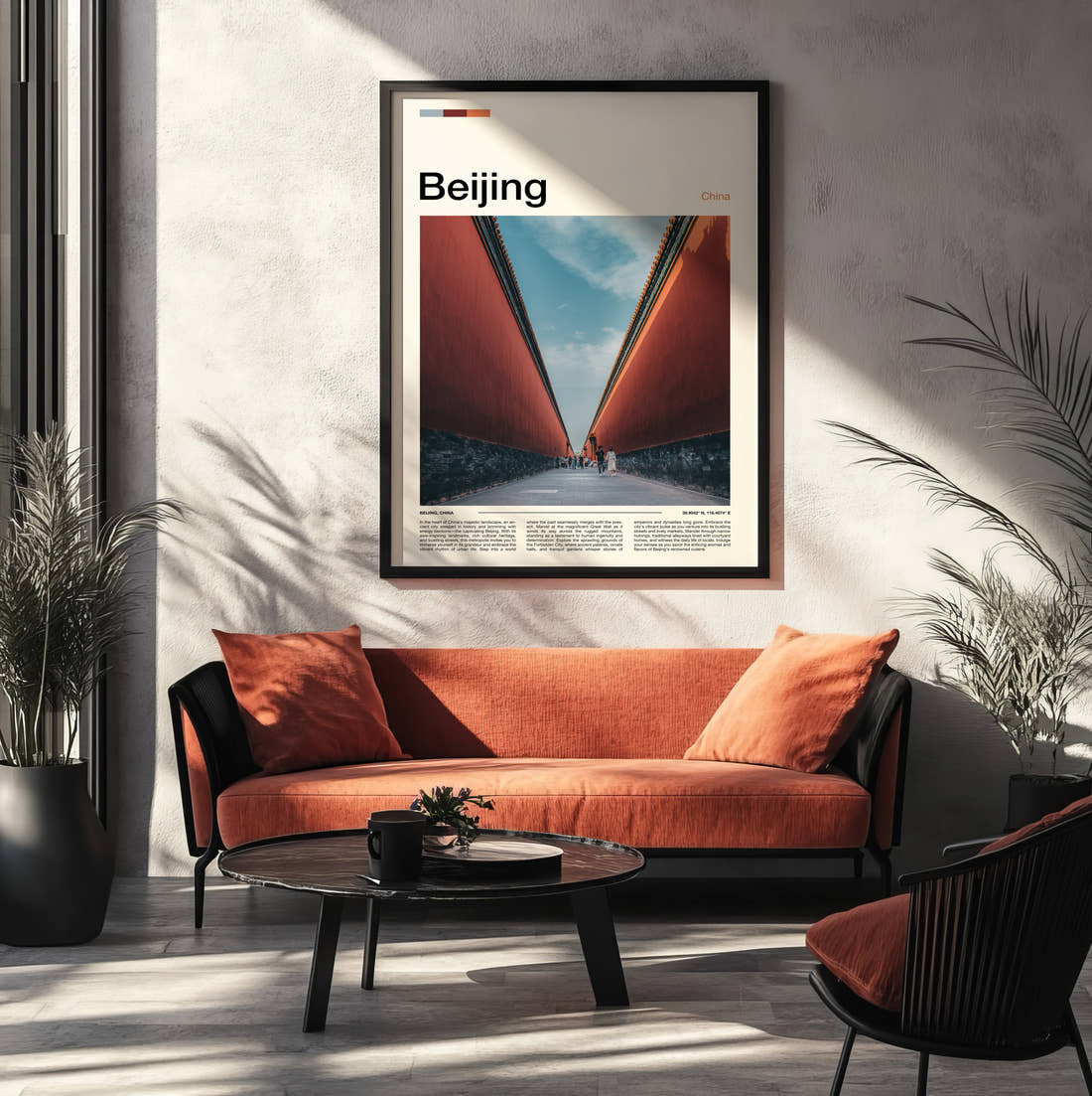 Beijing Forbidden City Walls Travel Print framed on the wall of a modern living room