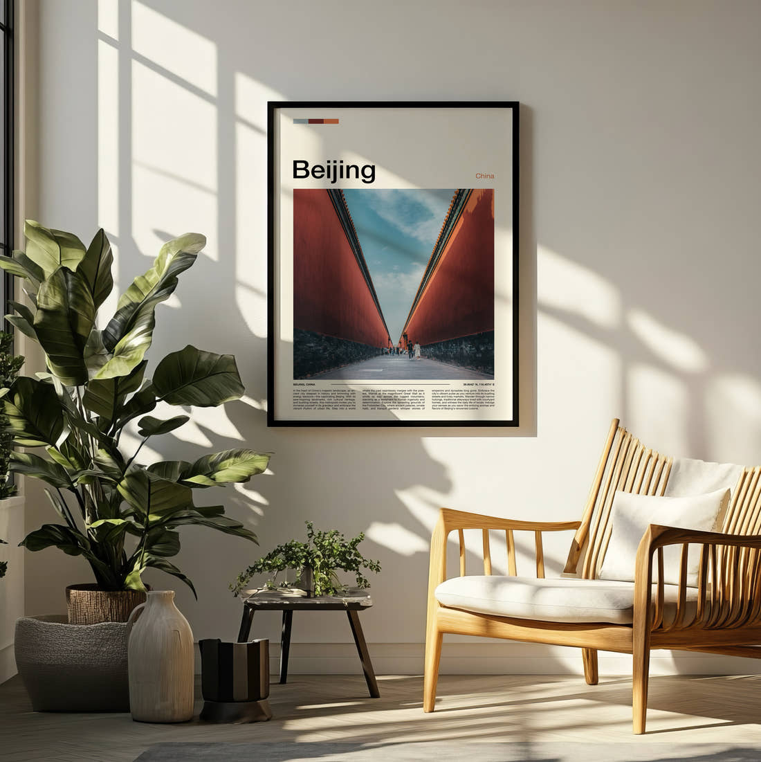 Beijing Forbidden City Walls Travel Print framed on a pale wall beside houseplants