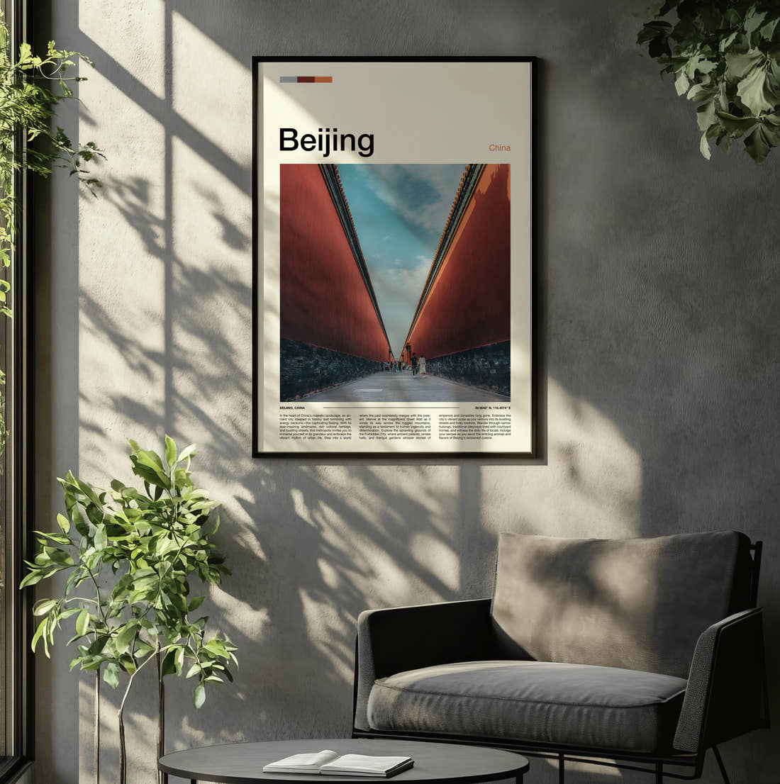 Beijing Forbidden City Walls Travel Print framed on the wall of a relaxed living room