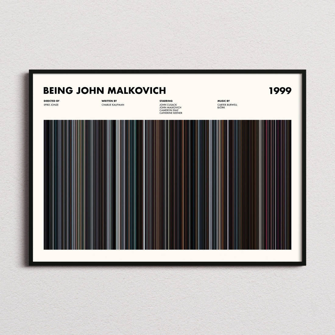 Being John Malkovich Movie Barcode Poster framed and photographed straight on