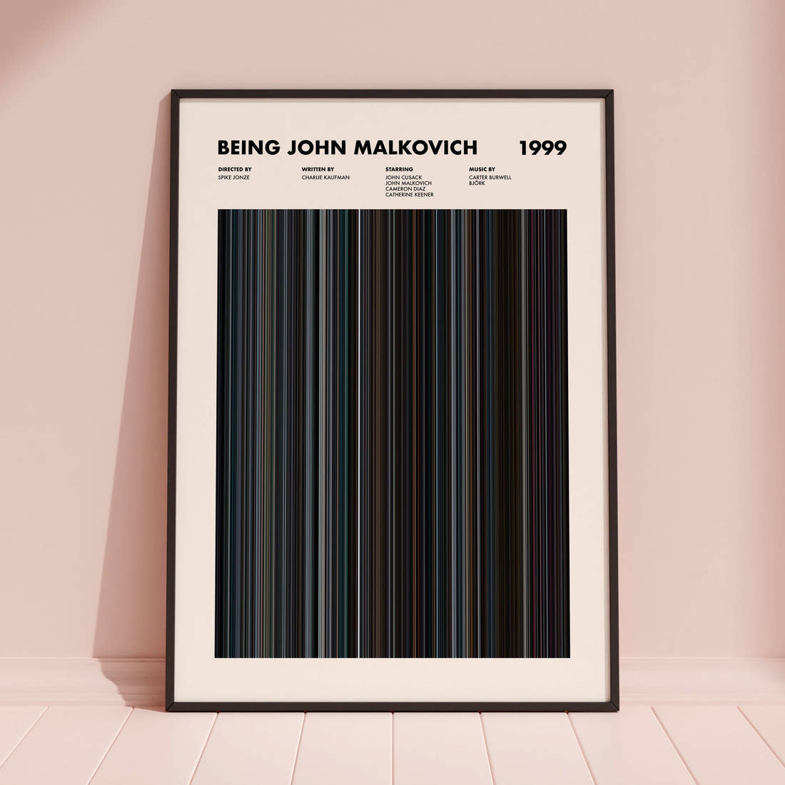Being John Malkovich Movie Barcode Poster framed and leaning against a coloured wall