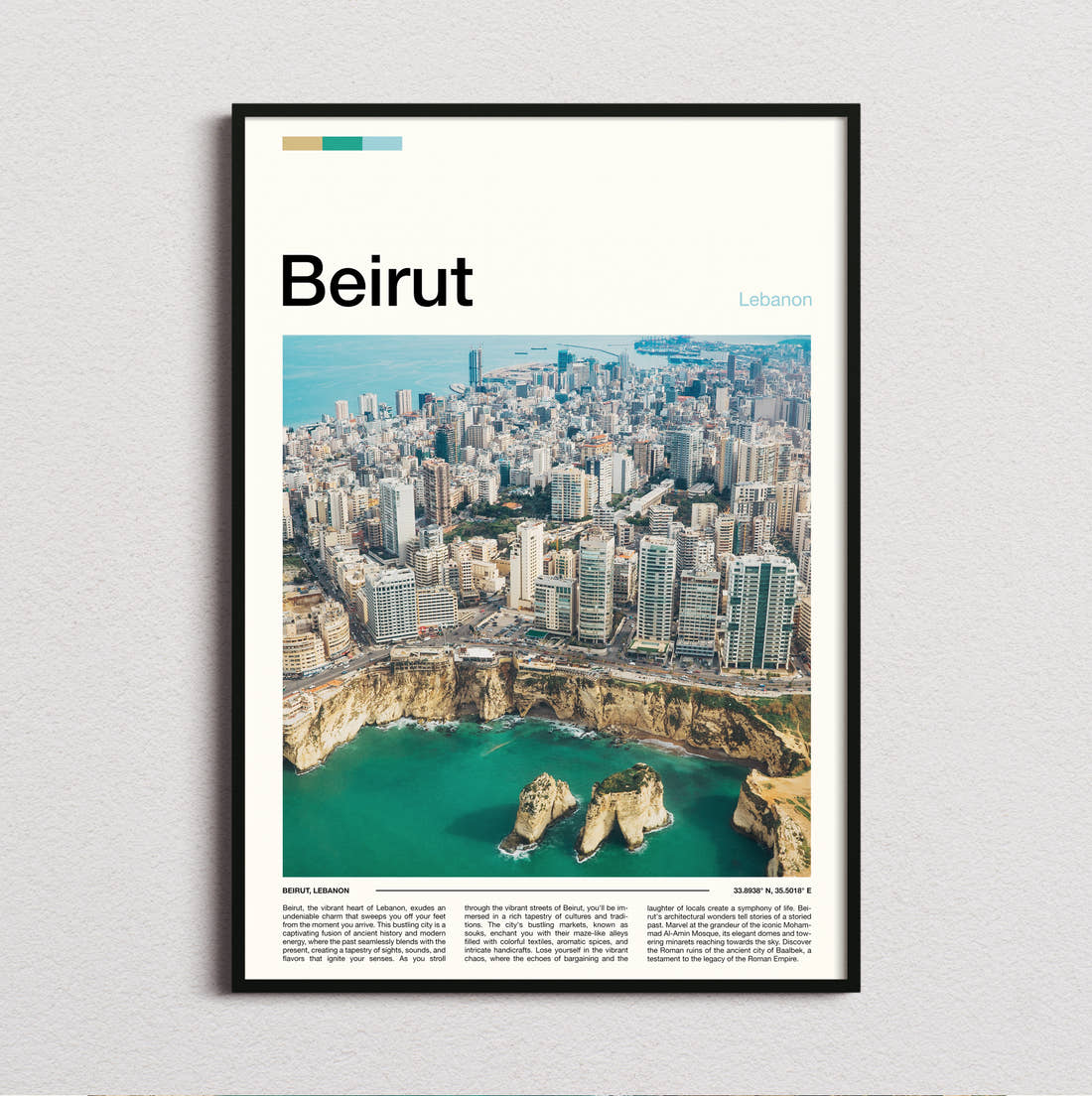 Beirut Coastal Cityscape Travel Print framed and photographed straight on