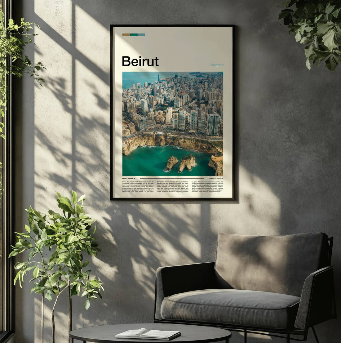Beirut Coastal Cityscape Travel Print framed on the wall of a relaxed living room