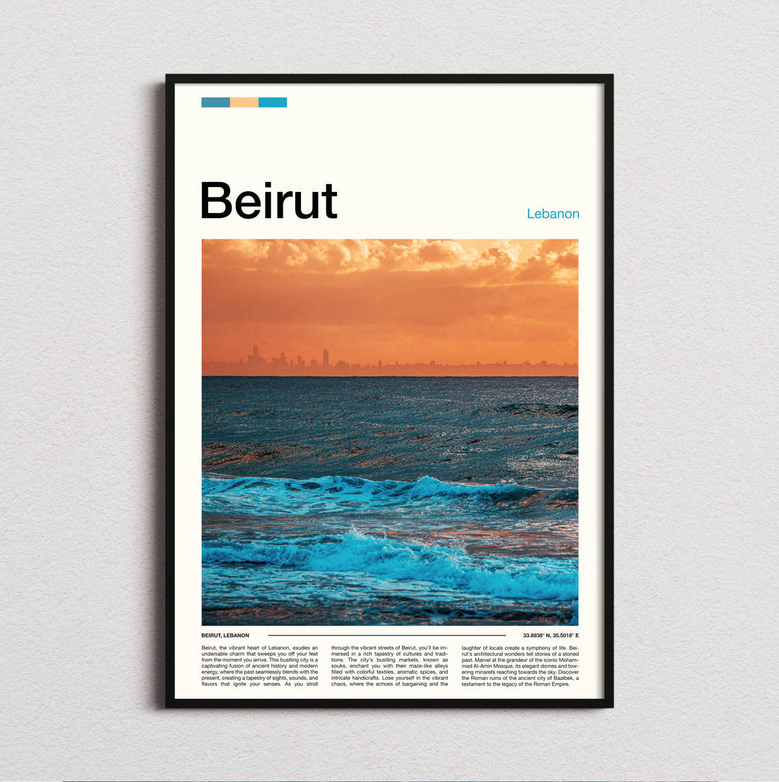 Beirut Waves At Sunset Travel Print framed and photographed straight on