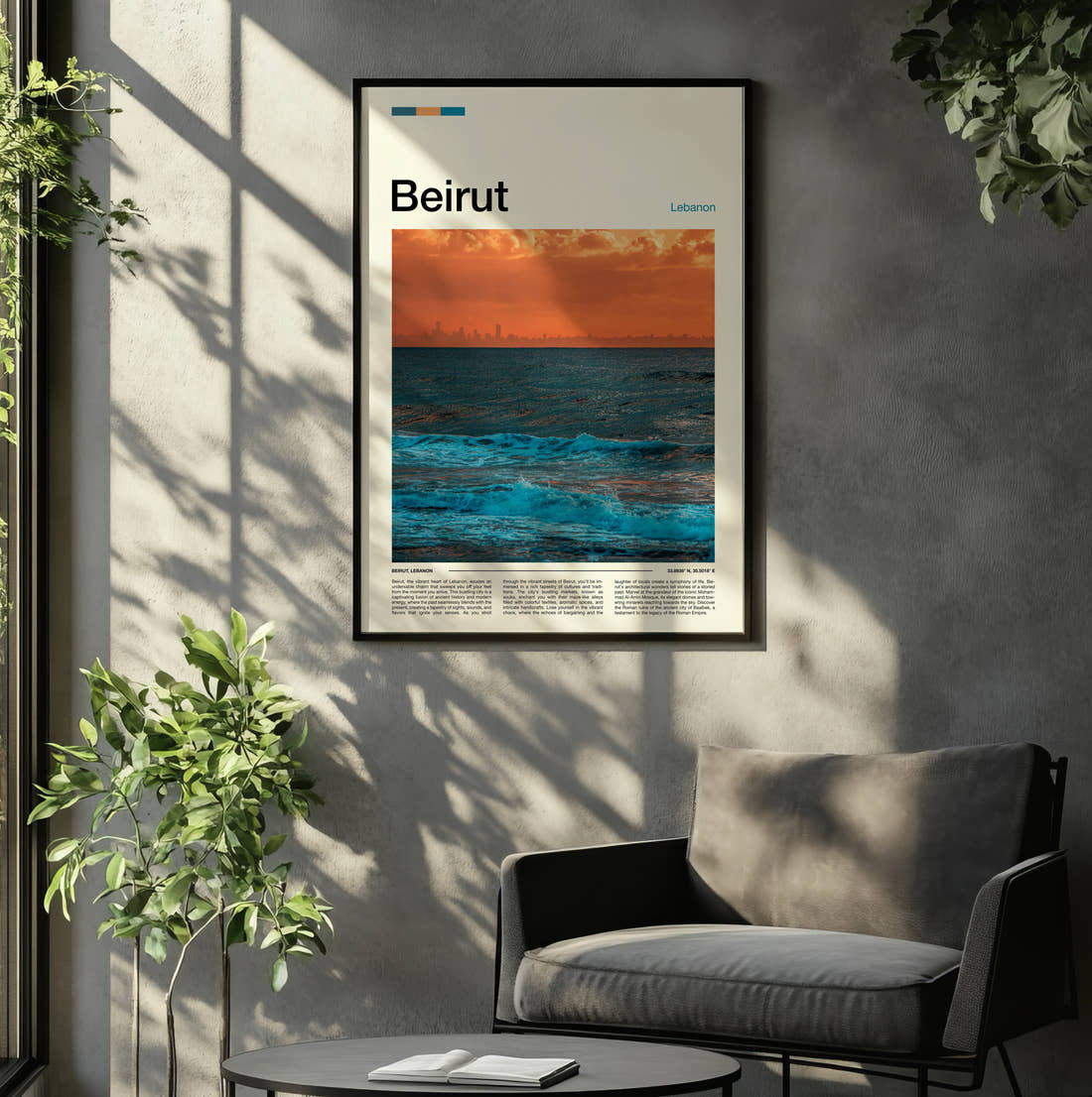 Beirut Waves At Sunset Travel Print framed on the wall of a relaxed living room