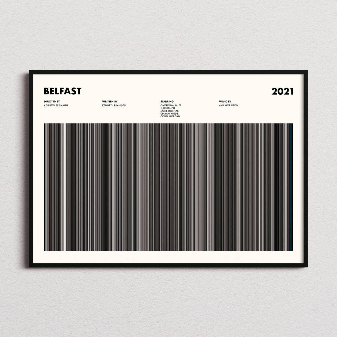 Belfast Movie Barcode Poster framed and photographed straight on