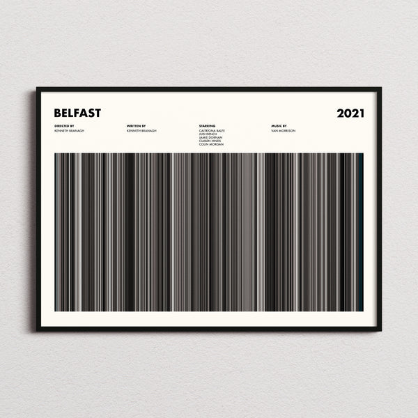 Belfast Movie Barcode Poster framed and photographed straight on